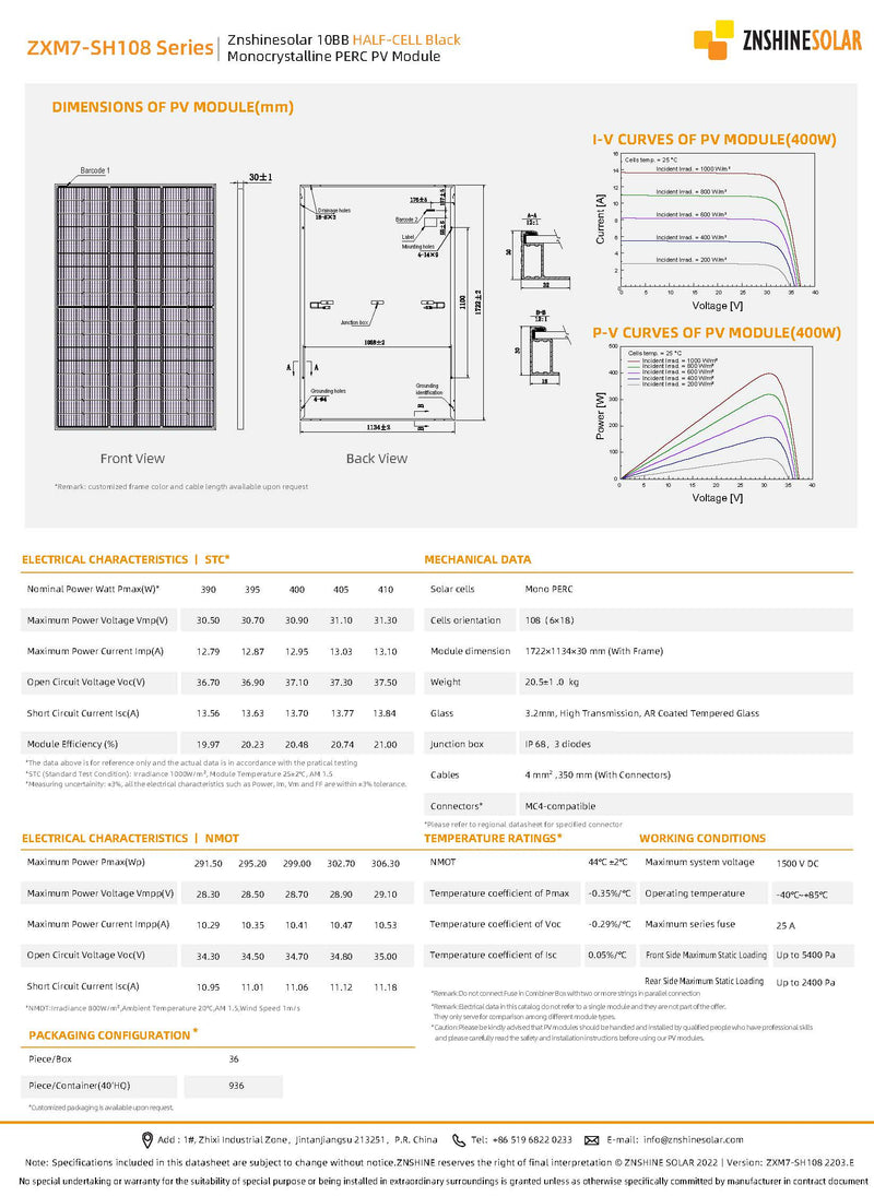 ZnShine Solar ZXM7-SH108-405-M 405Watt 108 1/2 Cells Black Backsheet Monocrystalline 30mm Black Frame Solar Panel